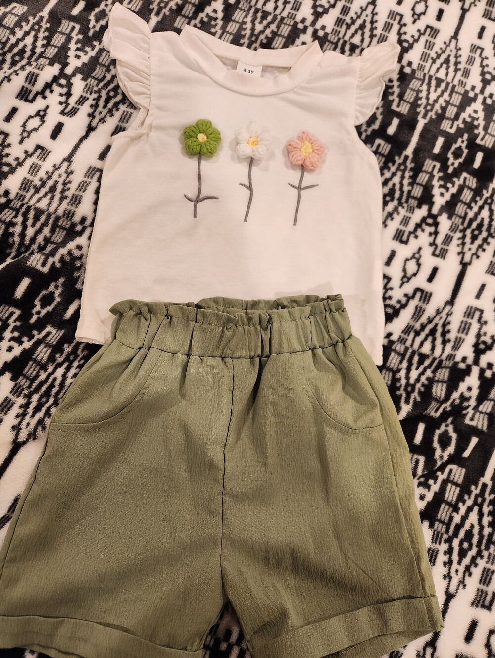 Girl's Floral Appliqué Top and Olive Shorts Set, Size 2-3Y